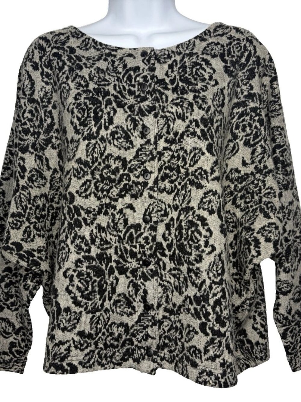 Vintage 80s Bonjour Batwing Cardigan Sweater Size L Gray Black Damask Floral